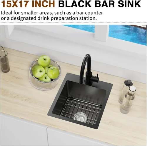 Vista 2 de Fregadero de cocina negro, fregadero de barra de acero inoxidable de 15 x 17 pulgadas, fregadero de cocina pequeño, elección ideal para espacios