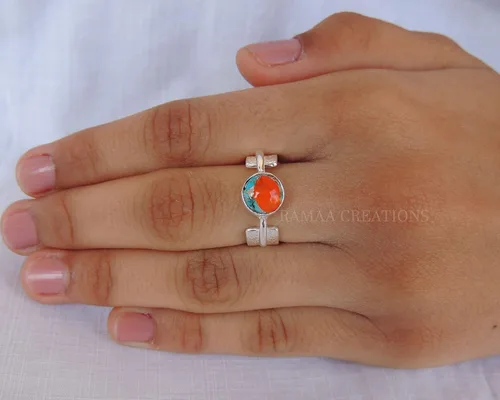 Vista 6 de Spiny Oyster Copper Turquoise Ring Handmade Round Turquoise Silver Ring Statement Handmade Jewelry Sterling Silver 925
