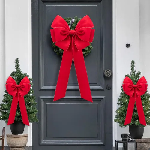 Vista 6 de Iceyyyy 2 lazos grandes de Navidad, 35.4 x 17.1 pulgadas, lazos de terciopelo rojo con bordes dorados, adornos para decoración de árbol de Navidad