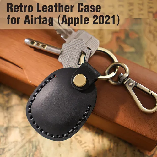 Vista 2 de Llavero de Airtag de cuero genuino, llavero portátil de Air tag con anillos para llaves, funda de cobertura oculta completa compatible con Airtag
