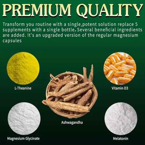 Vista 2 de VPKIN Suplemento de Ashwagandha de magnesio,Glicinato de magnesio,Melatonina, L-teanina más vitamina D3,Sin gluten,120 cápsulas