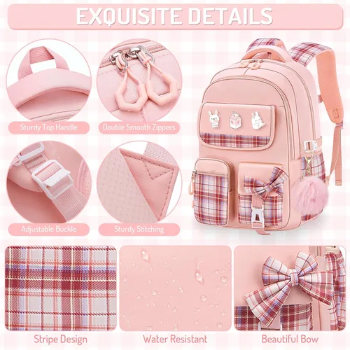 Vista 4 de Mochila infantil para niñas - Mochila para niñas para estudiantes de secundaria, Conjunto de mochila rosa