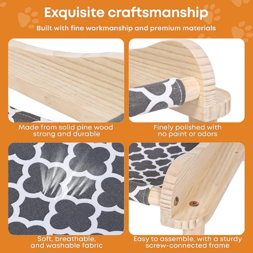 Vista 3 de Cama elevada de madera para gatos – 24 x 15.7 x 5.9 pulgadas, hamaca transpirable para mascotas para uso en interiores y exteriores, tumbona elevada