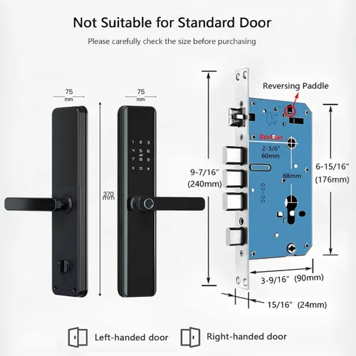 Vista 9 de Cerradura de puerta inteligente con asa, cerrojo de entrada sin llave con huella digital, teclado de pantalla táctil, control de aplicación Tuya