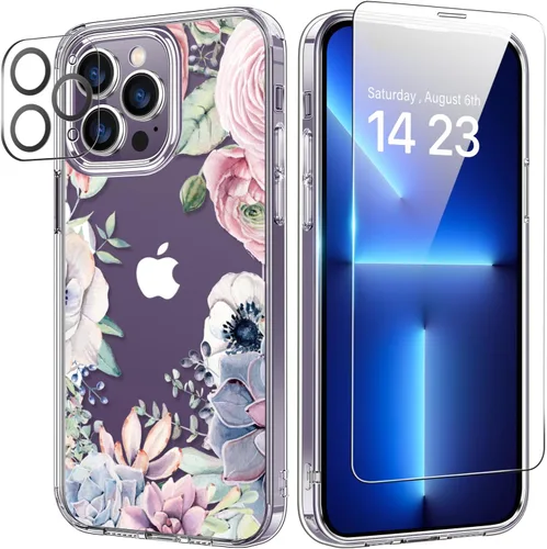 Vista 9 de bicol Funda para iPhone 14 Plus con Protector de Pantalla y Lente de Cámara - Diseños Florales de Moda para Mujeres y Niñas - Funda Transparente