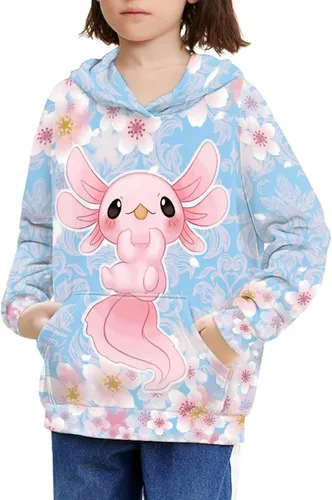 Vista 18 de Ystardream - Sudaderas para niñas adolescentes con bolsillo, sudaderas de manga larga para niños 0 Lindo Axolotl Rosa