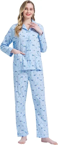 Vista 7 de Amaxer Conjunto de pijama 100% algodón para mujer, de manga larga, suave, con botones, con cordón elástico