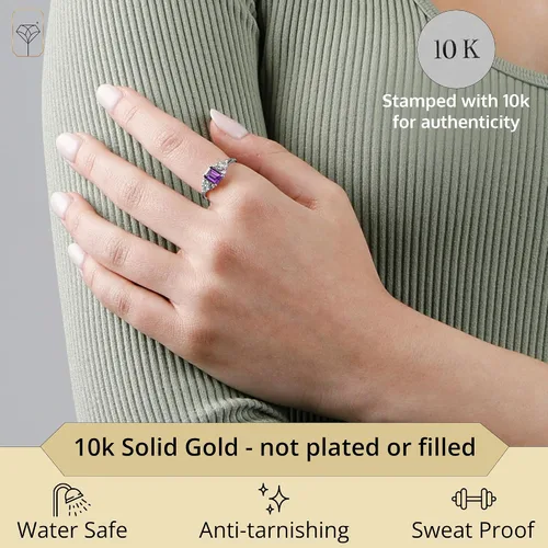 Vista 3 de MAX + STONE Anillos de piedras preciosas de oro de 10 quilates para mujer, anillo de aniversario con piedra natal de corte esmeralda, anillo