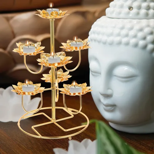 Vista 7 de Portavelas de yoga de Buda de flor de loto - Candelabro de acero para decoración del hogar