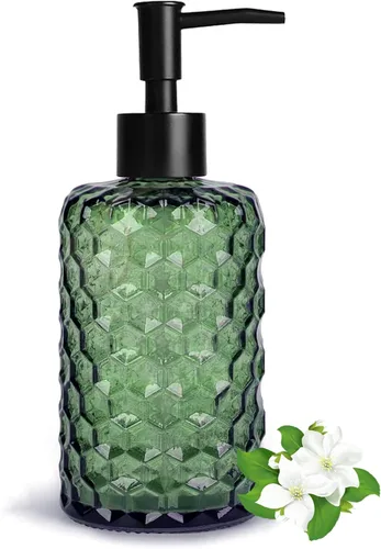 Vista 8 de Dispensador de jabón de vidrio con bomba dorada de 14 onzas, diseño de diamante ámbar, botella líquida recargable para encimera, dispensador