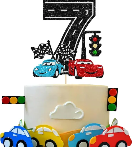 Vista 12 de Ephlyn 1 pieza de decoración para tarta de primer cumpleaños de coche de carreras con purpurina, decoración de tarta 1er cumpleaños para bandera a
