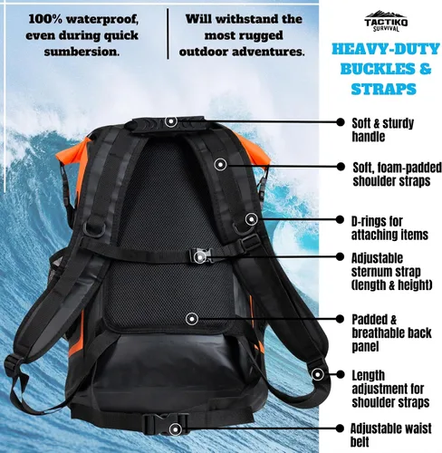 Vista 7 de TACTIKO Mochila resistente 100% impermeable, bolsas secas enrollables para kayak, senderismo, campamento, supervivencia