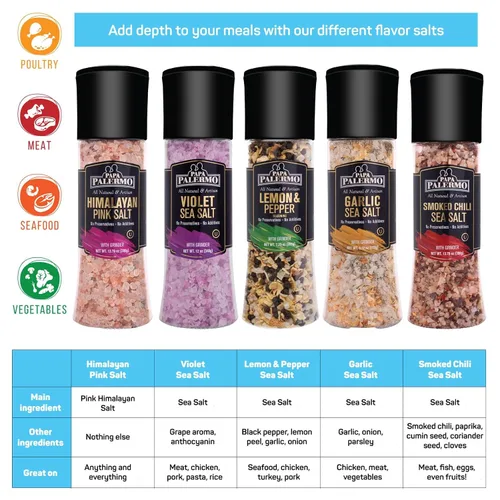 Vista 5 de Papa Palermo Condimento de sal marina de ajo con molinillo, Kosher, todo natural, sin aditivos, 9.52 onzas