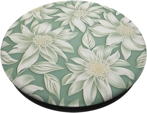 Vista 2 de Patrón de flores blancas Salvia Verde Floral PopSockets Standard PopGrip