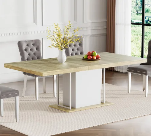 Vista 23 de Mesa de comedor extensible de 78.74 pulgadas para 6 8 y 10 pulgadas, moderna mesa de comedor extensible de granja con base de doble pedestal, mesa