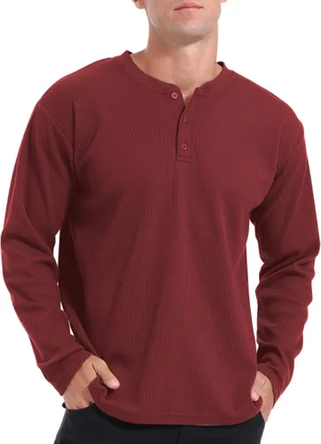 Vista 4 de QUALFORT Camiseta Henley de manga larga para hombre, de algodón, ligera, para hombre