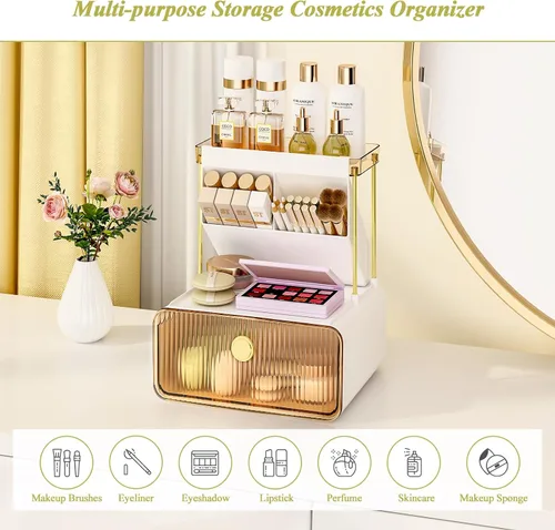 Vista 2 de FOLLOWIN Organizador de maquillaje de 3 niveles con cajón, exhibición de cosméticos con soporte para brochas de pintalabios, organizadores