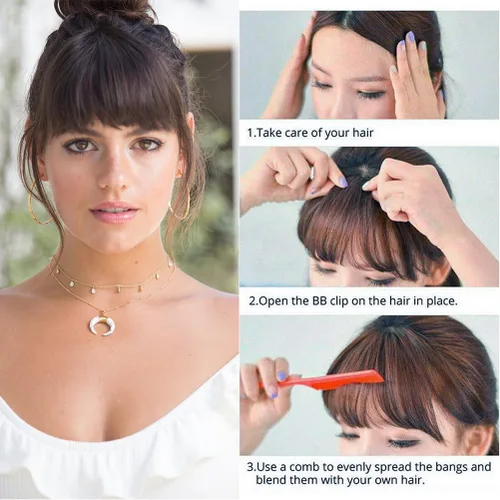 Vista 4 de Extensiones de cabello con clip, de fleco francés, natural, con flequillo, lacio, con flecos, con sienes para mujer, uso diario, color marrón medio