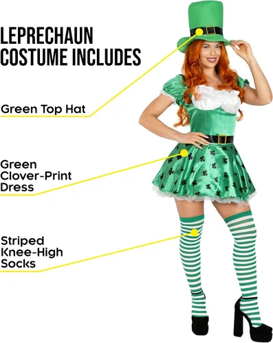 Vista 2 de fun shack Disfraz de duende adulto para mujer, traje del día de San Patricio, atuendo de celebración irlandesa para mujer