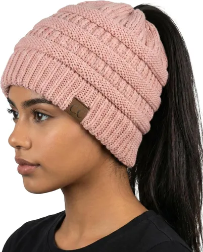 Vista 29 de Funky Junque Gorro de Cola de Caballo para Mujeres - Gorro de Invierno Ponyback Suave Elástico de Punto Trenzado Cola Alta Gorros para Correr