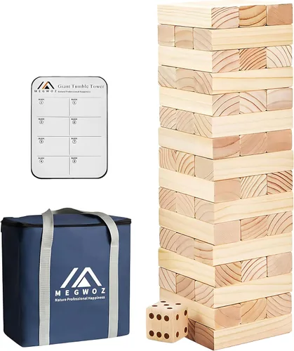 Vista 12 de Megwoz Juegos de torre de caída mediana para niños y adultos, 66 bloques de madera de pino de Nueva Zelanda apilados a 3.5 pies, juegos familiares