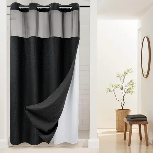 Vista 17 de Cortina de baño River Dream de gran peso sin ganchos necesarios con diseño de gofre punteado y forro a presión - 36W x 74H, de calidad hotelera