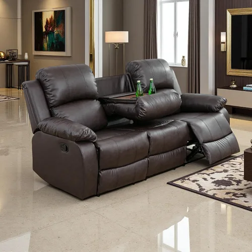 Vista 14 de Juego de Muebles para Sala de Estar, Juego de Sofá Reclinable Manual, Juegos de Sofás Reclinables de Cuero Beige con Mesa Desplegable, Sofá