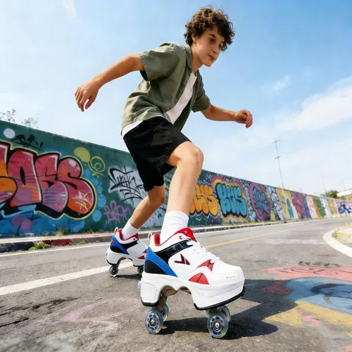 Vista 3 de Tenis unisex 2 en 1 para patinaje con ruedas retráctiles de doble fila de 4 ruedas para niños, adultos, hombres y mujeres, para interiores