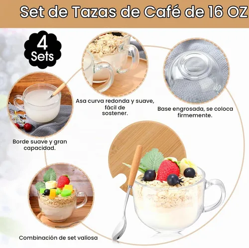 Vista 4 de Sliner 4 juegos de 16 onzas Tazas grandes de vidrio de otoño con tapas de bambú, cucharas, asa, tazas de té de vidrio transparente vintage