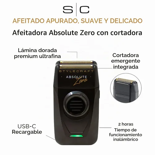 Vista 2 de StyleCraft Afeitadora Absolute Zero Foil – Afeitado cerrado y suave con recortador de precisión retráctil, USB-C, sin cable/sin cable, ligero y apto