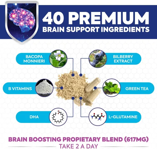 Vista 3 de Suplemento de memoria cerebral, nootrópicos de fuerza 3 veces para concentración, claridad y apoyo de enfoque, salud cerebral, vitaminas cognitivas