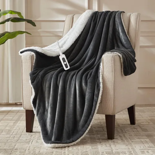 Vista 15 de Manta térmica de sherpa de doble cara, manta eléctrica de calefacción suave para cama, sistema de seguridad automático, 6 niveles de calefacción y 4
