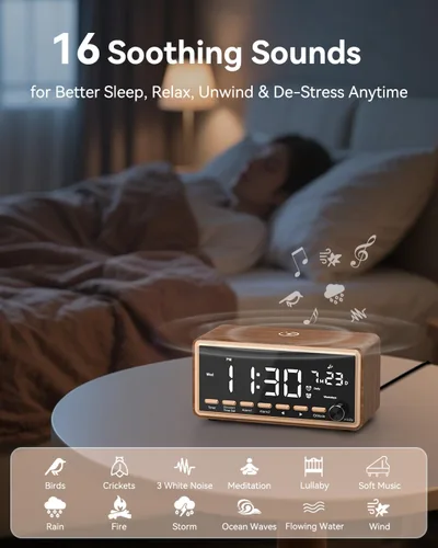 Vista 7 de Radio despertador digital para dormitorios, radio FM y máquina de sonido de ruido blanco con temporizador, altavoz Bluetooth, reloj despertador dual