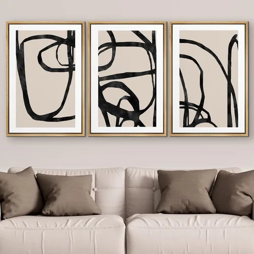 Vista 447 de SIGNFORD - Set de obras de arte en lienzo enmarcado para pared, ilustraciones abstractas de neblina del desierto en tonos neutros beige y marrón