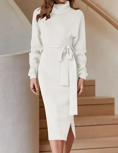 Vista 64 de ZESICA - Vestido por debajo de la rodilla de suéter, de cuello alto, para mujer, de manga larga, de punto acanalado, con abertura y cinturón