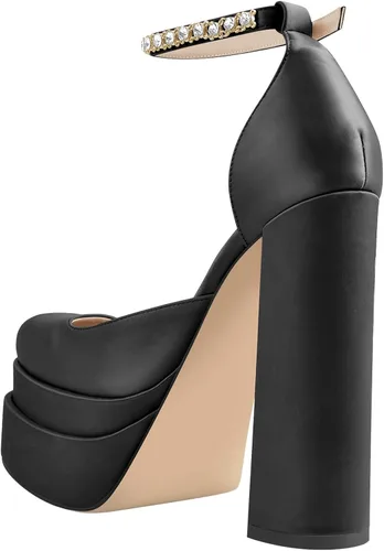 Vista 3 de onlymaker Women's Chunky Heel Platform Sandals Crystal Clasp Square Toe Rhinestone Ankle Strap Satin Pumps