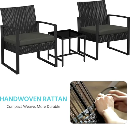Vista 4 de YAHEETECH - muebles de patio conjuntos para interior o al aire libre. de mimbre moderno, juego de mesa auxiliar bistró, 3 piezas Negro /Gris