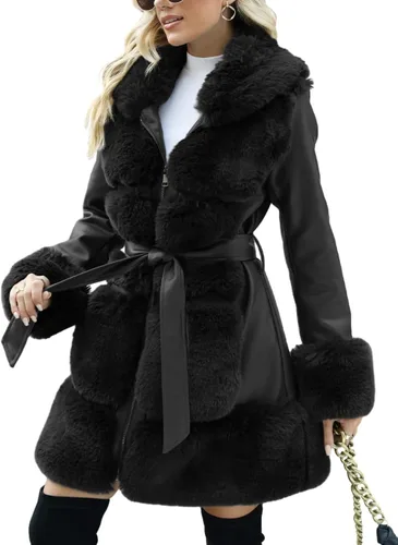 Vista 9 de Bellivera Women's Faux Leather Jacket Furry Trim Parka Coat Negro