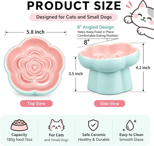 Vista 4 de Raised Slow Feeder Cat Bowl,Ceramic Elevated and Titled Cat Bowl Blue/Pink