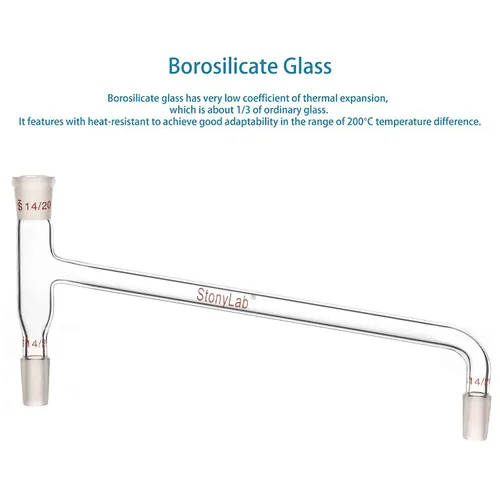 Vista 4 de stonylab Adaptador de destilación doblado de 75 grados de vidrio de borosilicato, con dos juntas interiores 14/20 y una junta externa