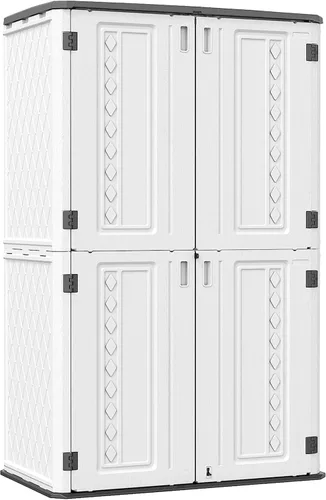 Vista 13 de Cobertizo de almacenamiento horizontal para jardines y patios, caja de almacenamiento de plástico impermeable, cobertizo pequeño de 26 pies cúbicos