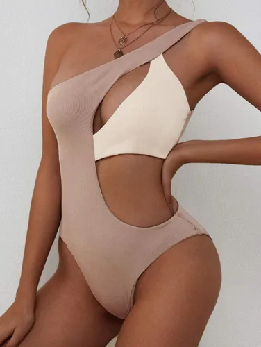 Vista 4 de ZAFUL Traje de baño de una pieza con un hombro acanalado para mujer, con corte de bloque