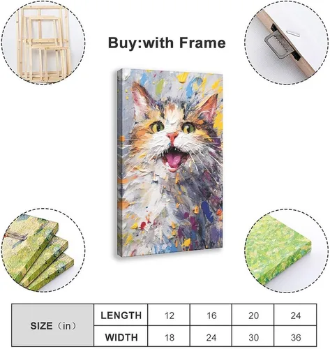 Vista 2 de Fyzuf Arte de pared de gato, pintura al óleo sobre lienzo, póster de lindo cubismo de gato, colorido, lindo, gatos, decoración estética, habitación