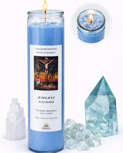 Vista 2 de Casa de Bendiciones Justo JUEZ- Judge JUST - Vela de oración fija con cuarzo, azul, 6 onzas, perfumada