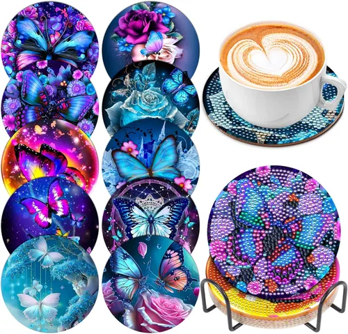 Vista 11 de Juego de 8 posavasos de arte de diamante para adultos con soporte de almohadillas de corcho, paisaje abstracto de bricolaje, arte de diamantes