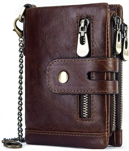 Vista 20 de boshiho Carteras de cuero auténtico con bloqueo RFID para hombre, billetera de doble pliegue con bolsillo para monedas con cremallera, con cadena