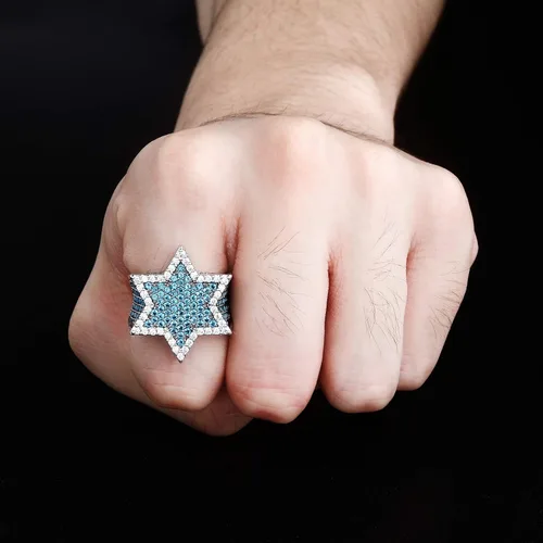 Vista 5 de TOPGRILLZ Anillo de estrella hexagonal chapado en oro de 14 quilates para hombres y mujeres joyería novedosa Metal Zirconia cúbica