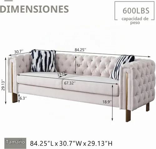 Vista 2 de Sofá moderno para sala de estar, sofá tapizado de lino de 84 pulgadas con botones copetudos, 2 almohadas y patas de metal, muebles decorativos