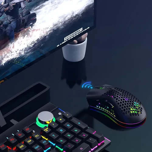 Vista 8 de Mouse inalámbrico ligero para juegos, mouse inalámbrico recargable de 2.4 G con carcasa de panal de abeja, 7 botones, DPI ajustable, receptor USB