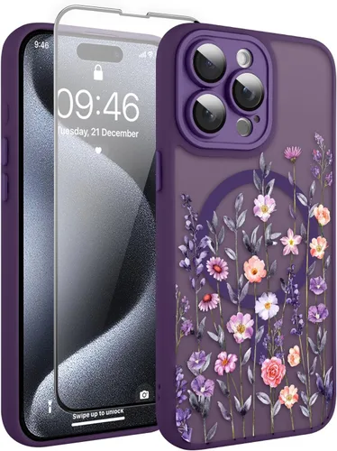Vista 172 de Magnético para iPhone 13 con protector de pantalla [Compatible con MagSafe] Diseño de patrón floral de flores bonitas, funda delgada a prueba